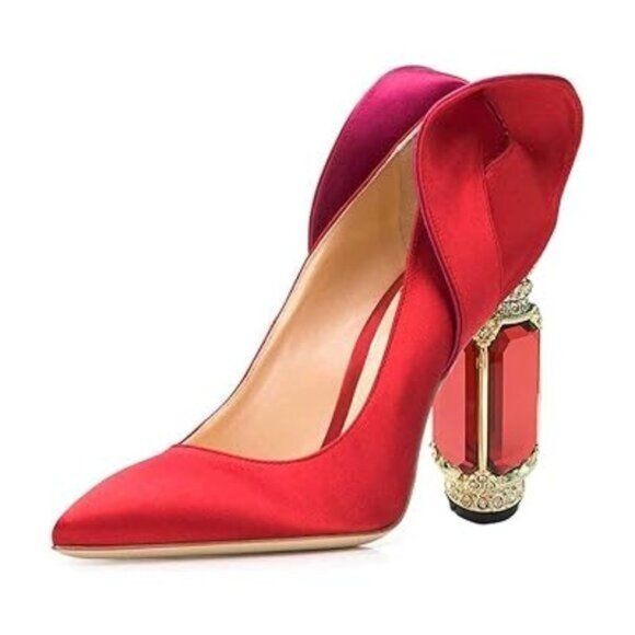 FSJ Women Bridal Pointed Toe Chunky Block High Heel Crystal Pumps Wedding - Picture 1 of 8